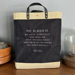 Apolis Market Bag in Black Natural Burlap Leather Straps Customized NEMA